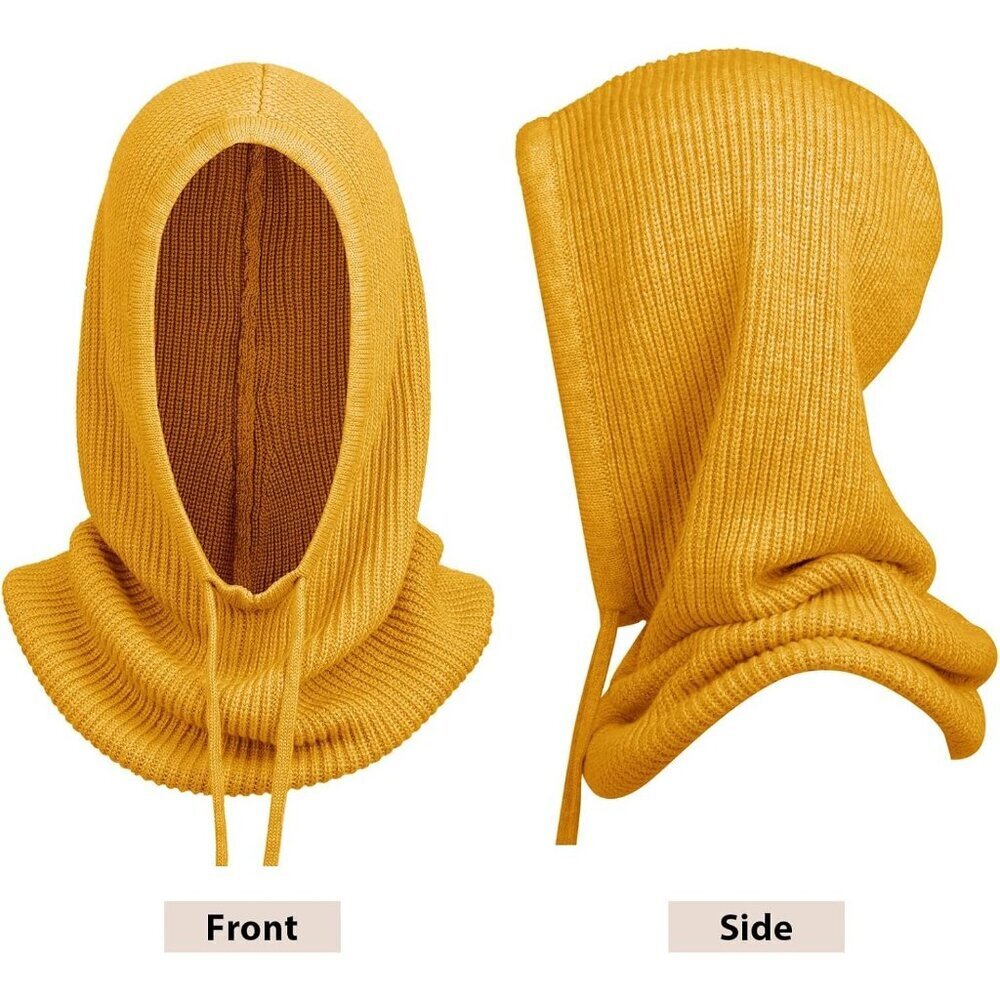 Unisex Yellow Beanie Skull Cap with Drawstring Warm Winter Hats for Outdoor - Picture 3 of 7